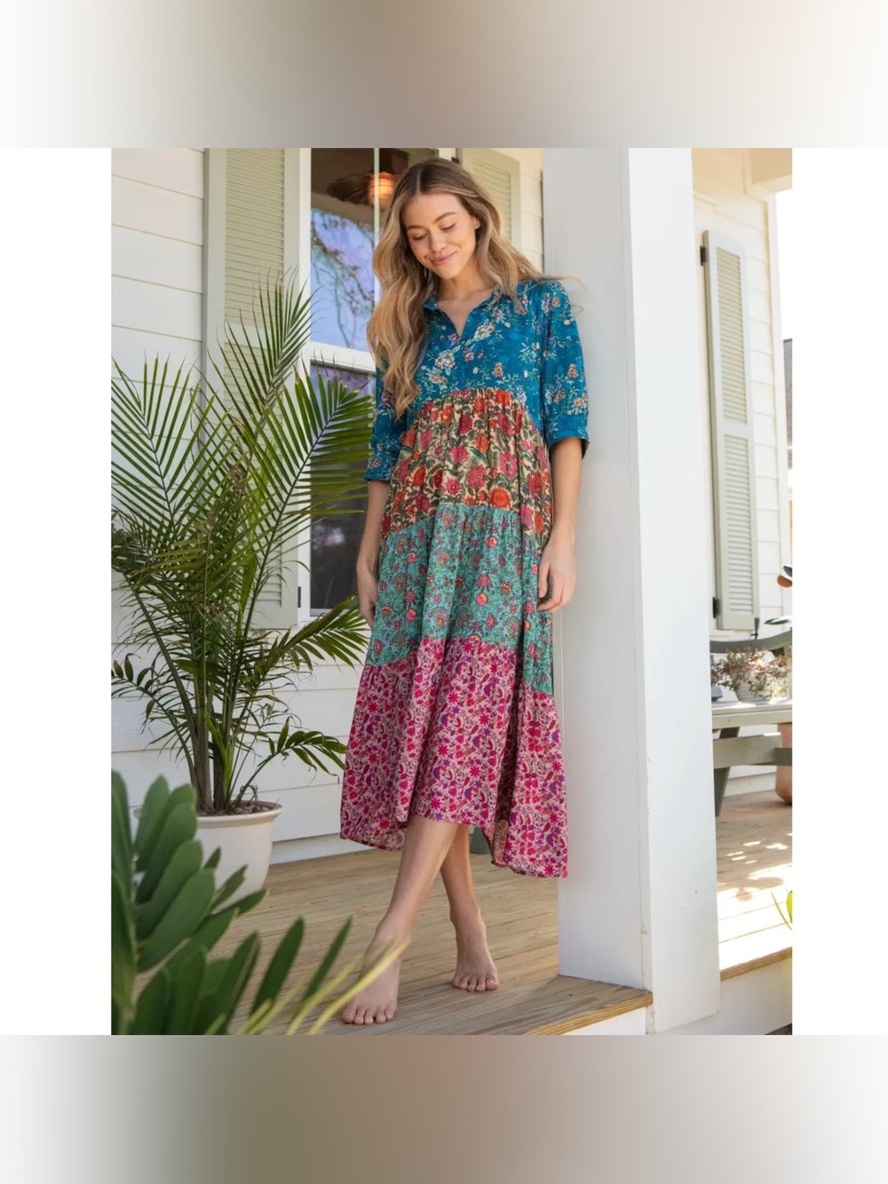 Natural Life Rebecca Midi Dress Turquoise Mix Festival Boho Prairie Cottage Sz L